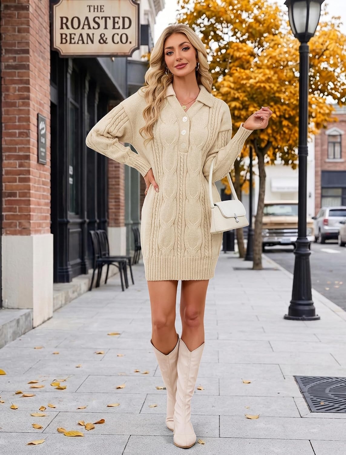 image:imageZAFUL Womens Cable Knit Sweater Dress Oversized Collared Button Mini DressBeige Apricot