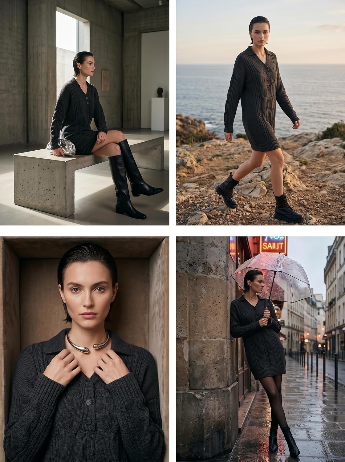 image:imageZAFUL Womens Cable Knit Sweater Dress Oversized Collared Button Mini DressBlack