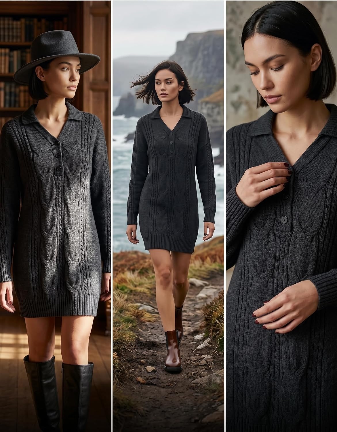 image:imageZAFUL Womens Cable Knit Sweater Dress Oversized Collared Button Mini DressBlack