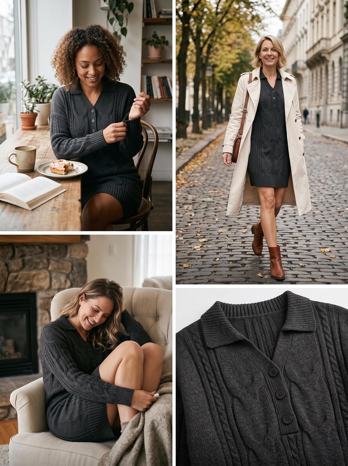 image:imageZAFUL Womens Cable Knit Sweater Dress Oversized Collared Button Mini DressBlack