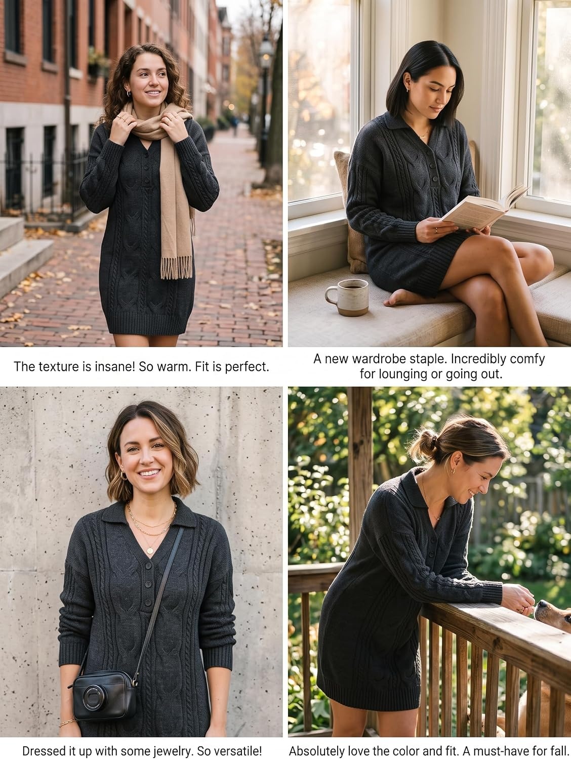 image:imageZAFUL Womens Cable Knit Sweater Dress Oversized Collared Button Mini DressBlack