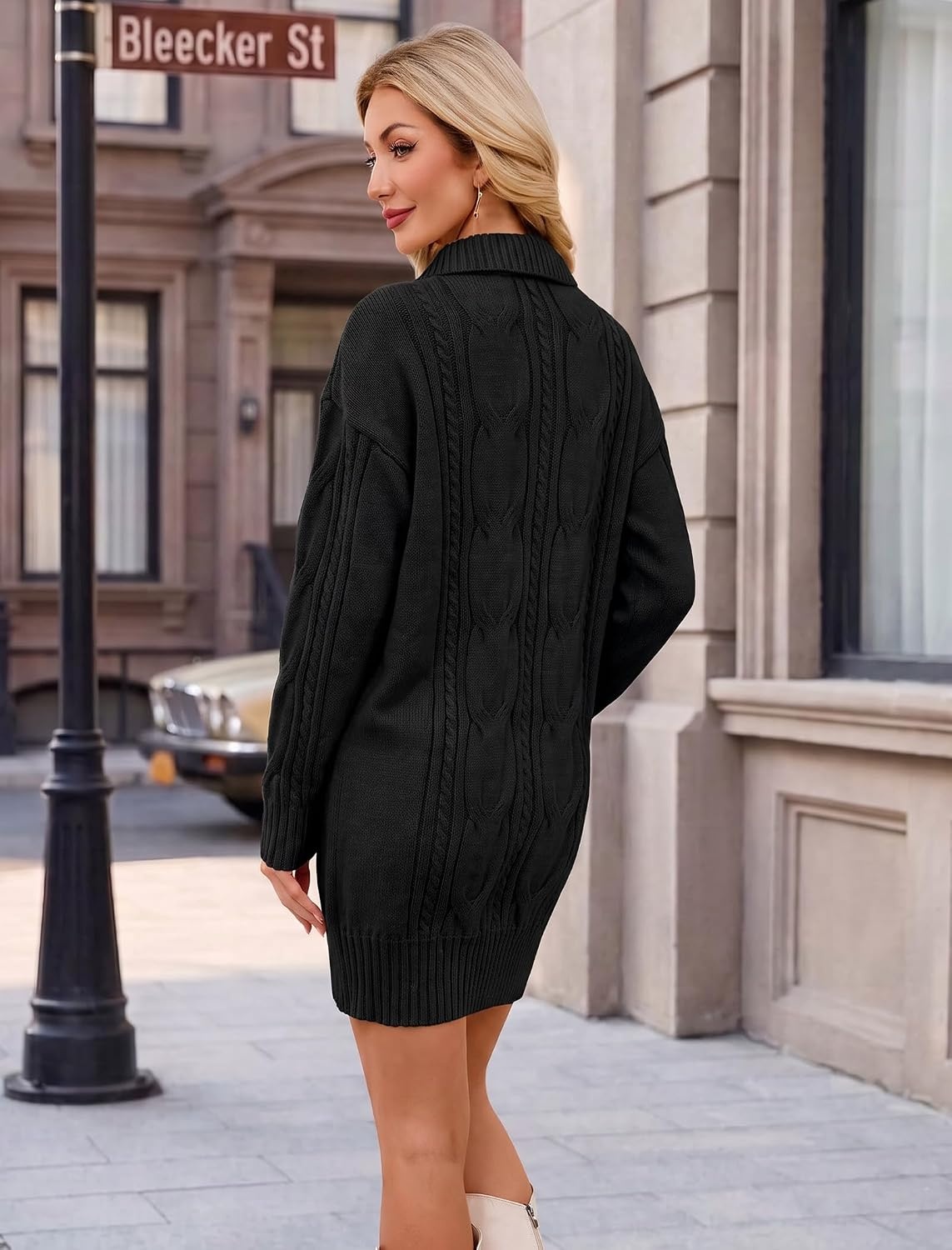 image:imageZAFUL Womens Cable Knit Sweater Dress Oversized Collared Button Mini DressBlack