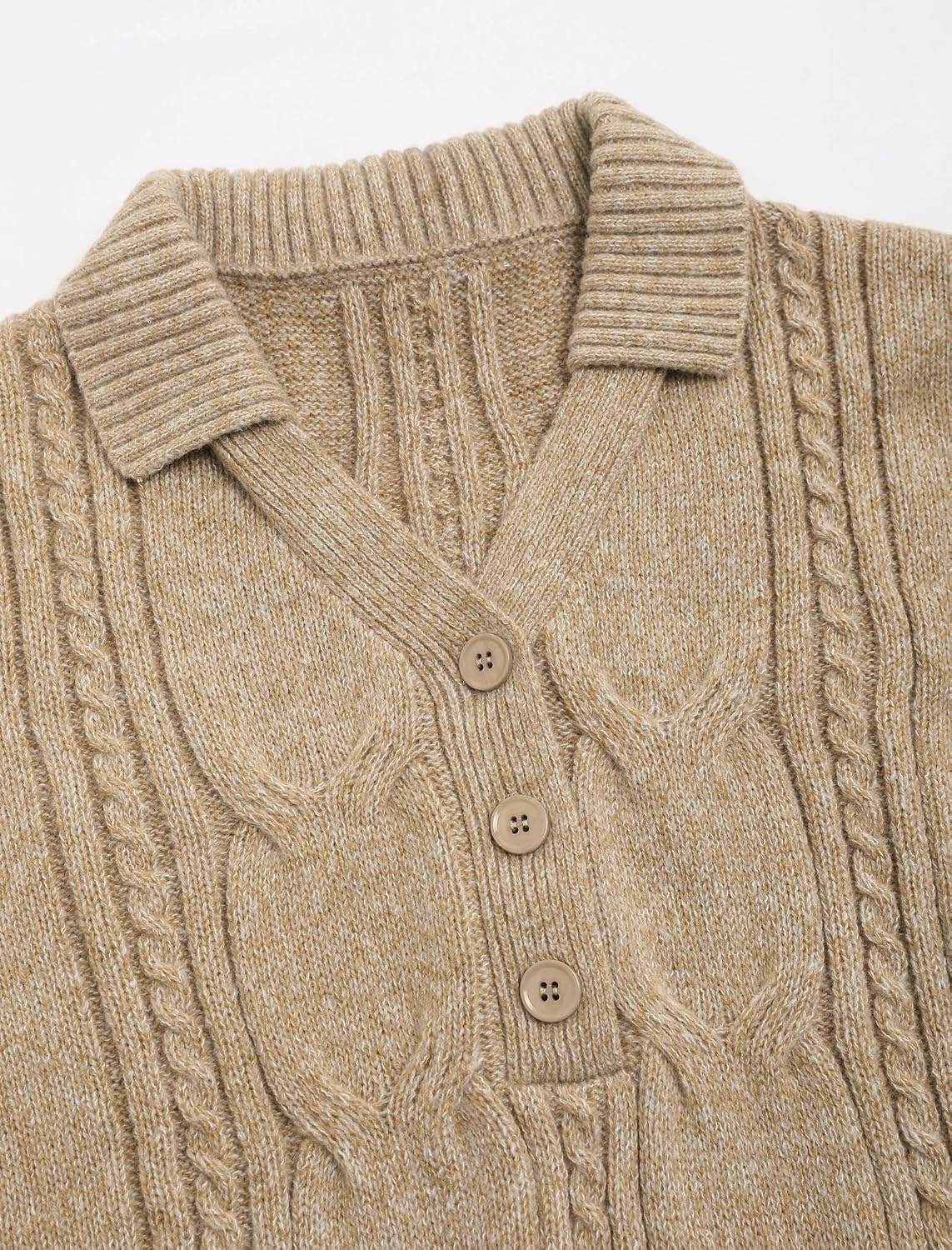 image:imageZAFUL Womens Cable Knit Sweater Dress Oversized Collared Button Mini DressKhaki