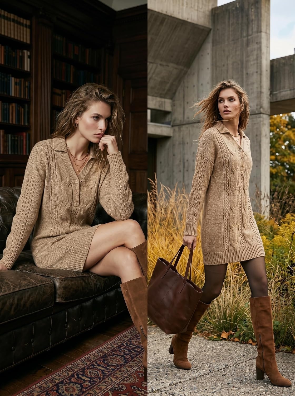 image:imageZAFUL Womens Cable Knit Sweater Dress Oversized Collared Button Mini DressKhaki