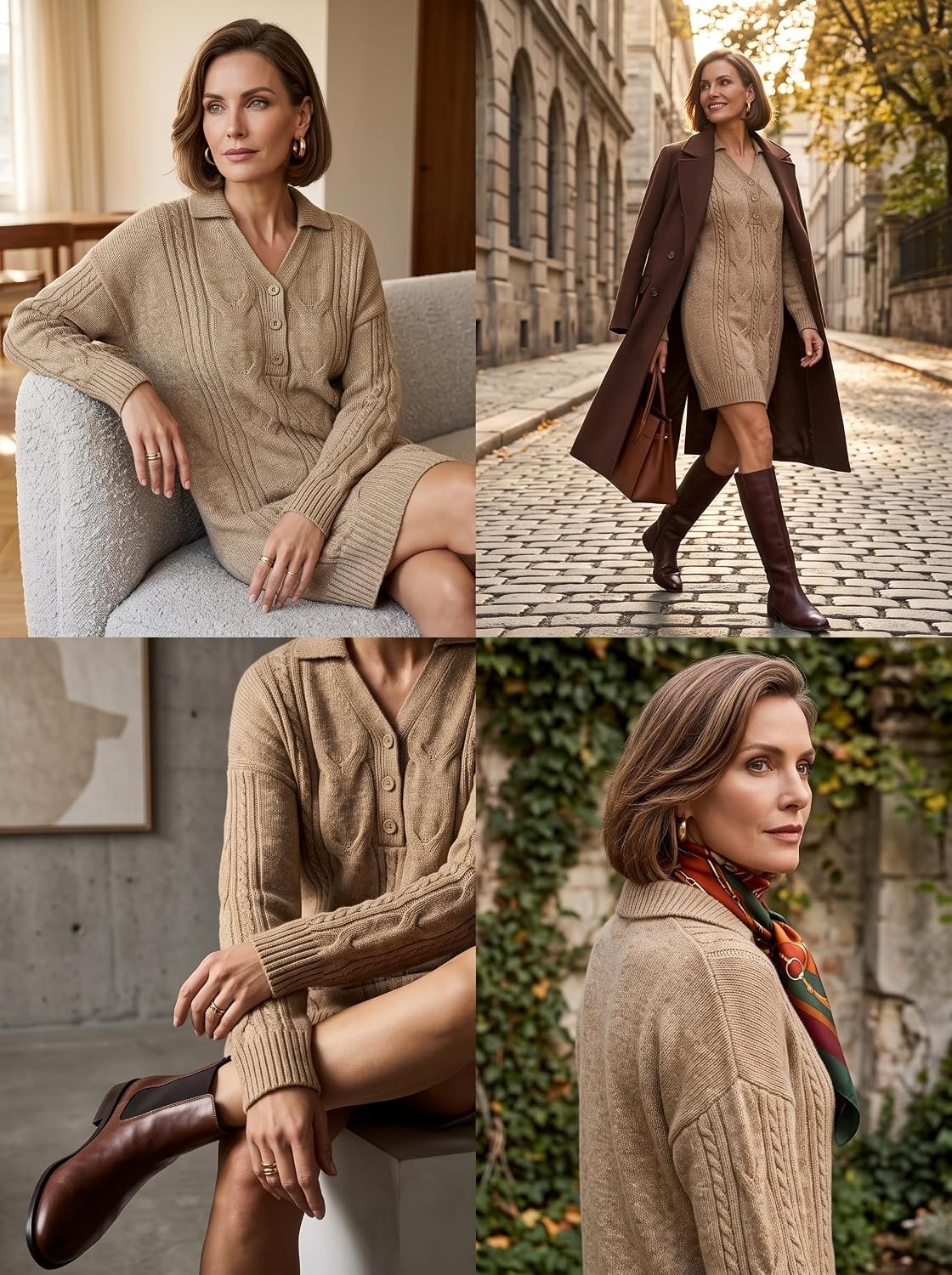 image:imageZAFUL Womens Cable Knit Sweater Dress Oversized Collared Button Mini DressKhaki