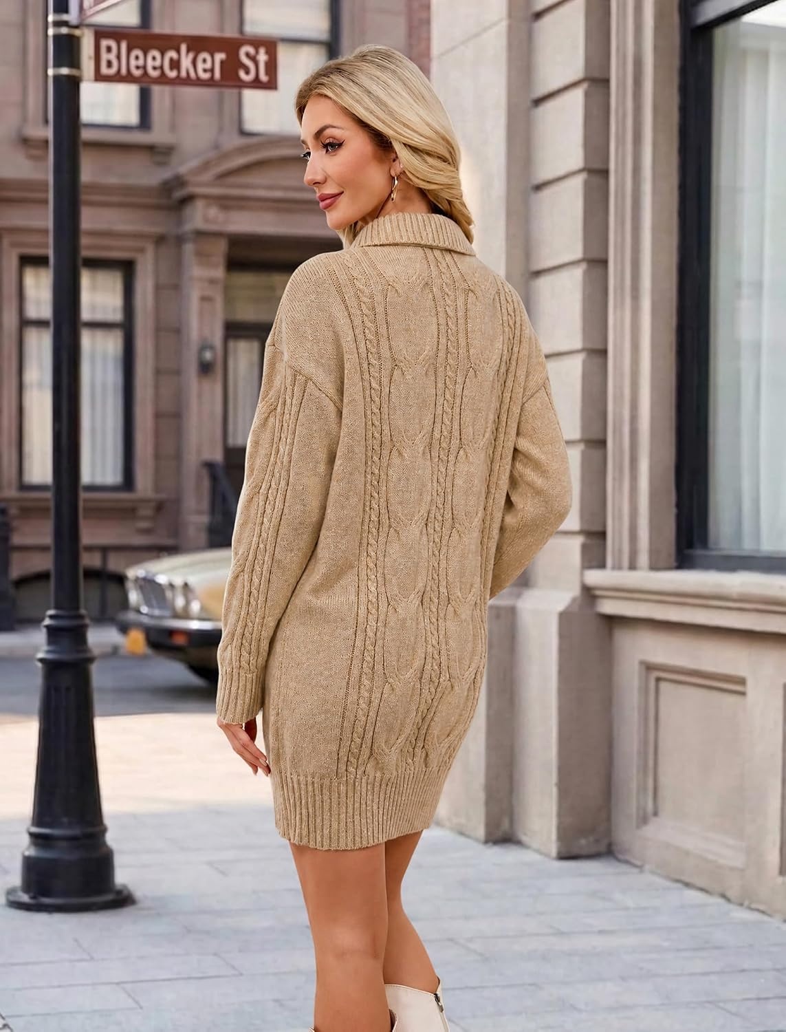 image:imageZAFUL Womens Cable Knit Sweater Dress Oversized Collared Button Mini DressKhaki