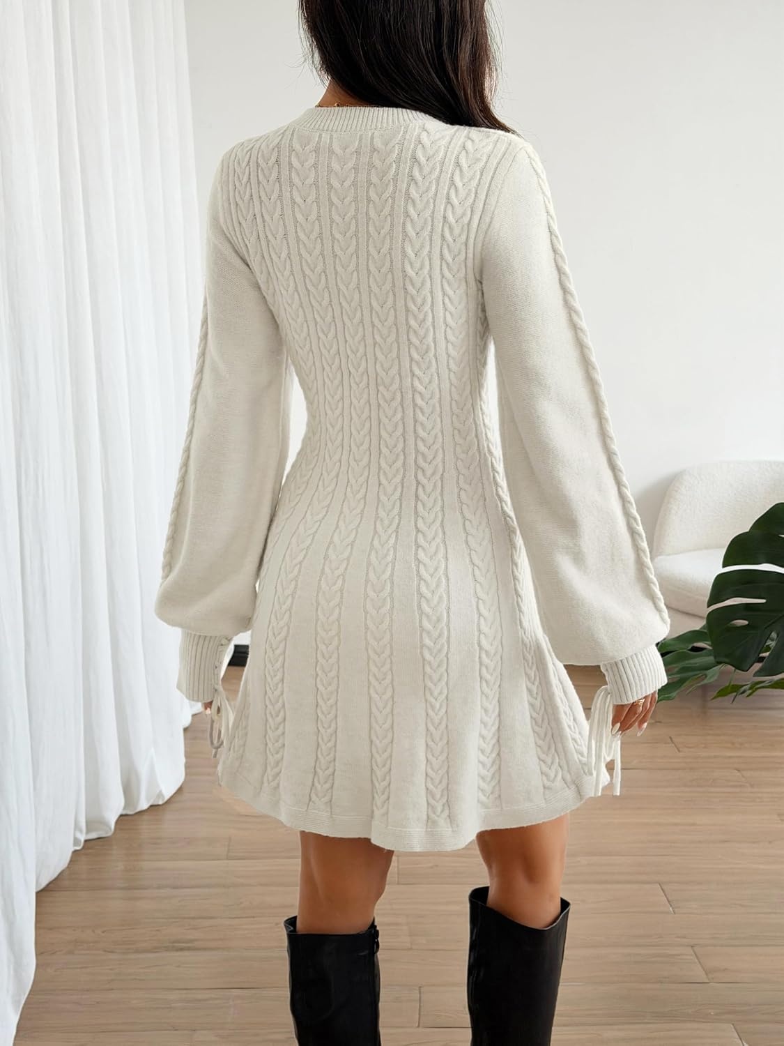 image:imageZAFUL Womens V Neck Cable Knit Sweater Dress Long Sleeves Mini Casual Dress0beige