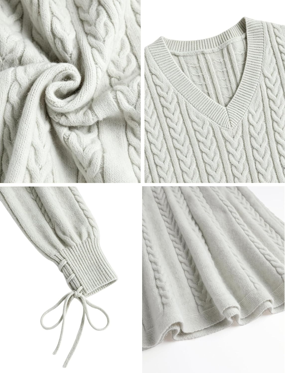 image:imageZAFUL Womens V Neck Cable Knit Sweater Dress Long Sleeves Mini Casual Dress0beige