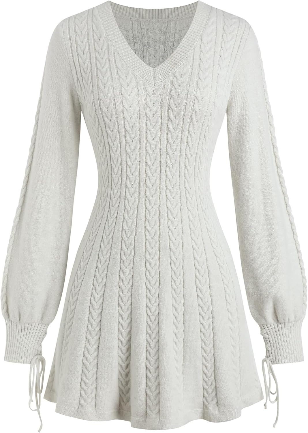 image:imageZAFUL Womens V Neck Cable Knit Sweater Dress Long Sleeves Mini Casual Dress0beige