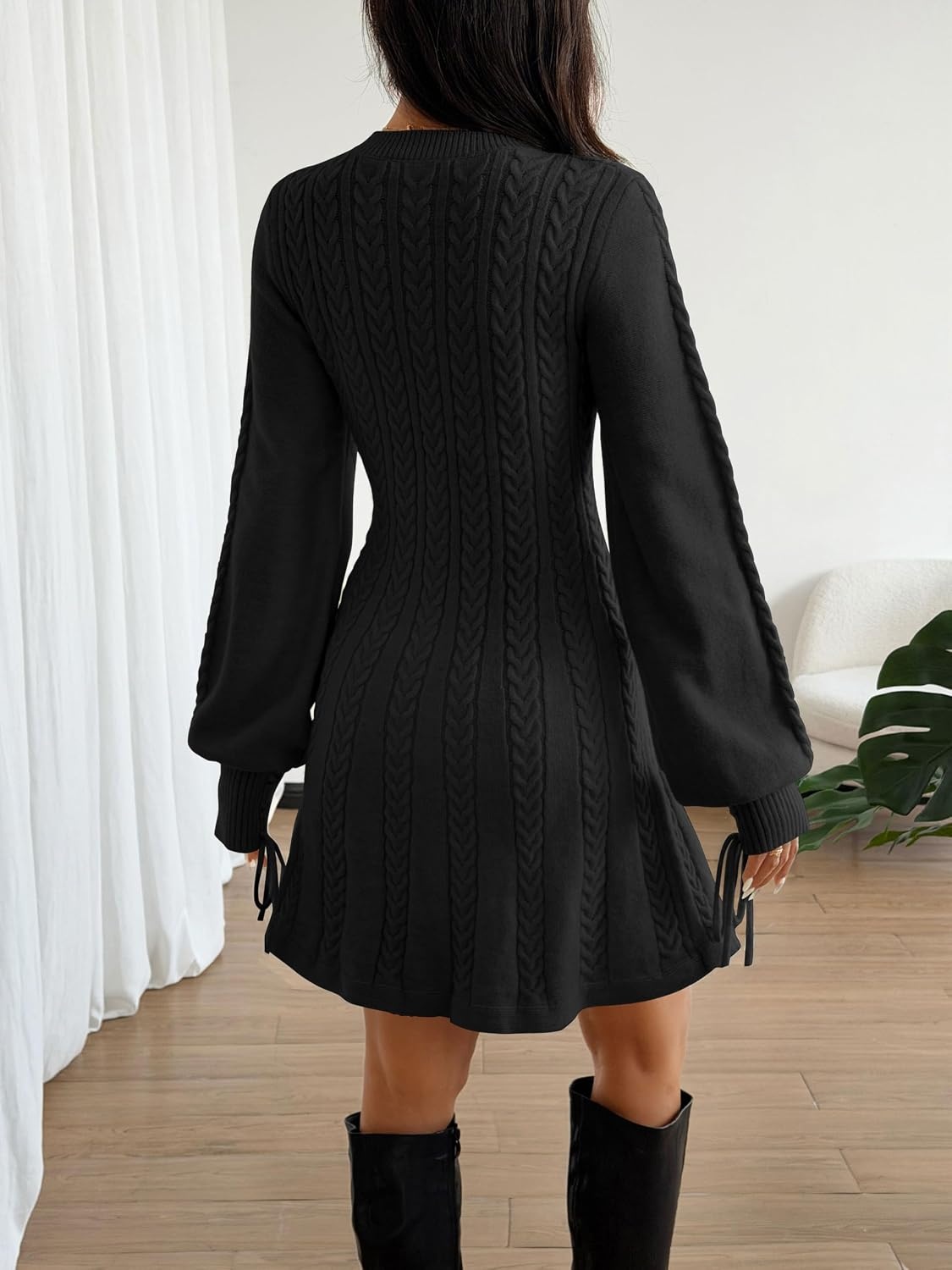 image:imageZAFUL Womens V Neck Cable Knit Sweater Dress Long Sleeves Mini Casual Dress0black