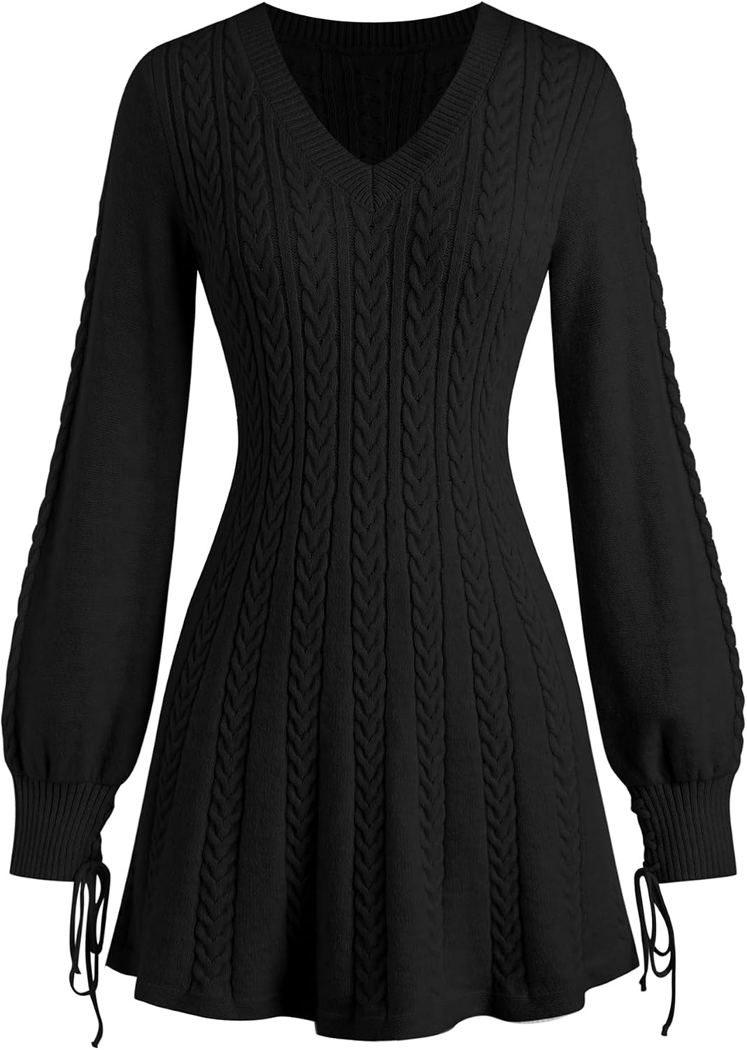 image:imageZAFUL Womens V Neck Cable Knit Sweater Dress Long Sleeves Mini Casual Dress0black