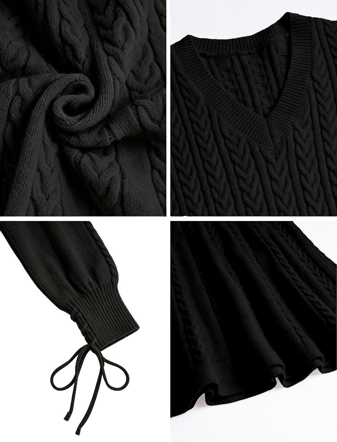 image:imageZAFUL Womens V Neck Cable Knit Sweater Dress Long Sleeves Mini Casual Dress0black