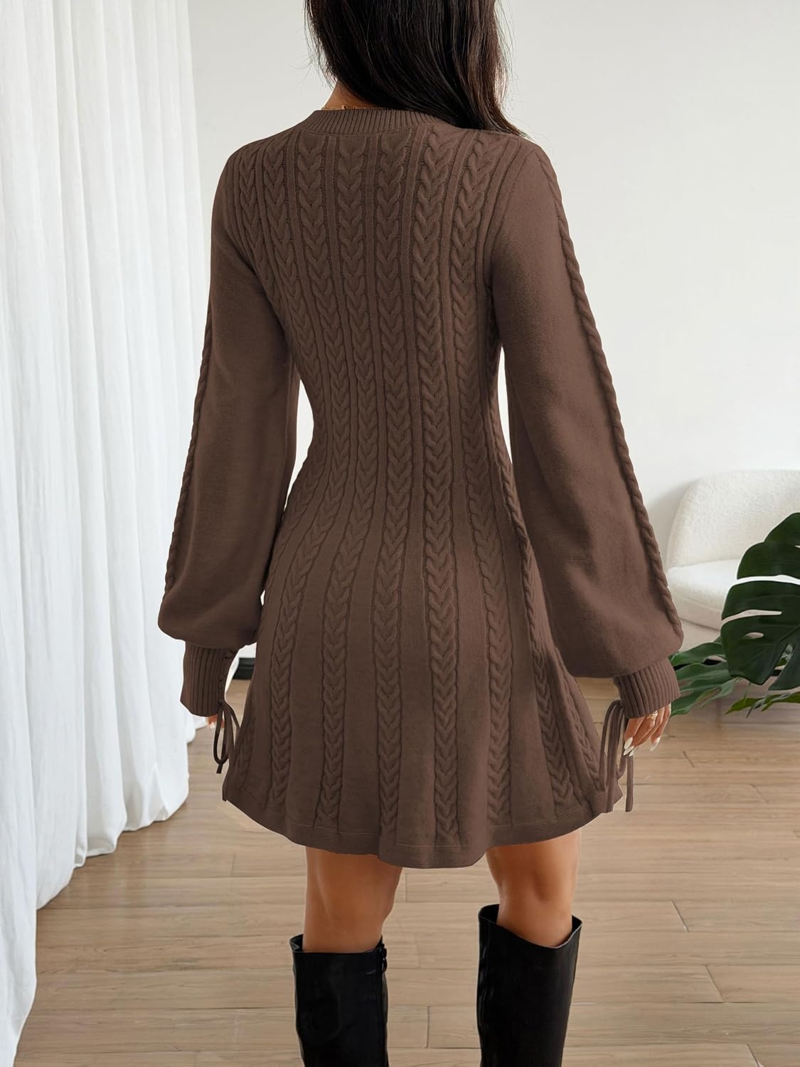 image:imageZAFUL Womens V Neck Cable Knit Sweater Dress Long Sleeves Mini Casual Dress0brown