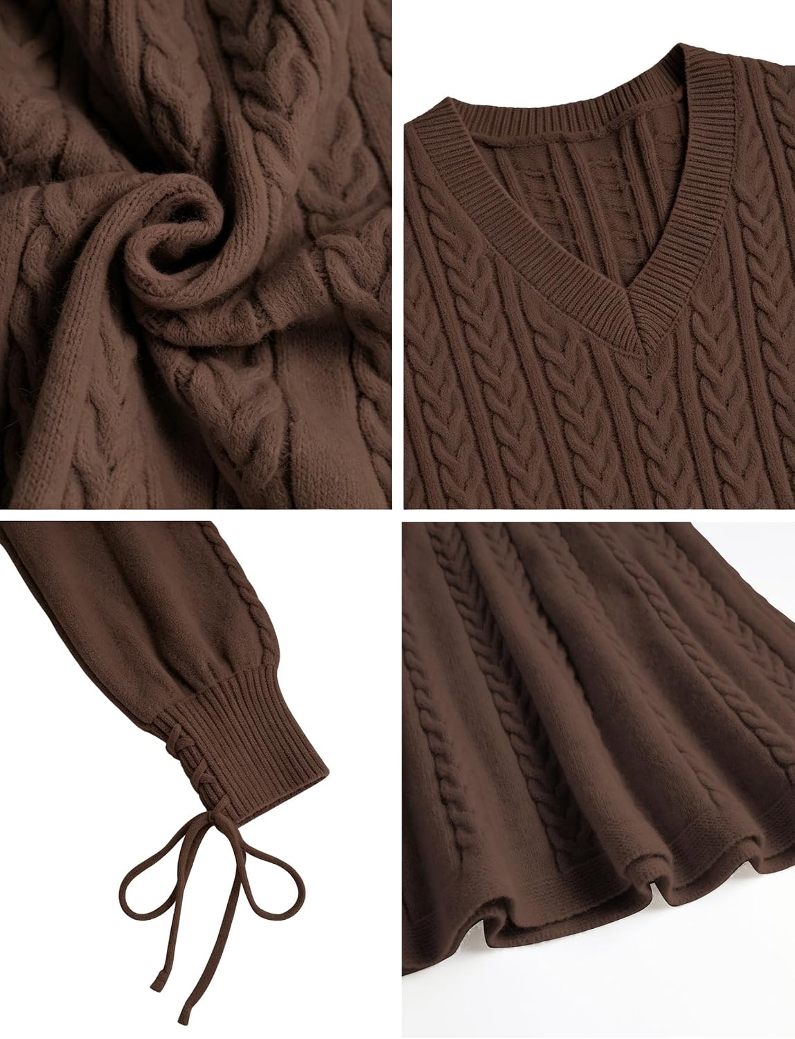 image:imageZAFUL Womens V Neck Cable Knit Sweater Dress Long Sleeves Mini Casual Dress0brown