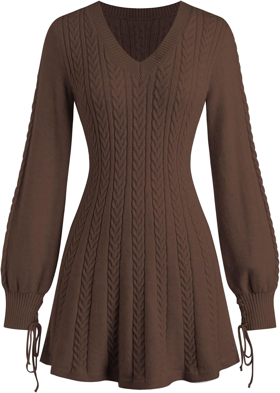 image:imageZAFUL Womens V Neck Cable Knit Sweater Dress Long Sleeves Mini Casual Dress0brown