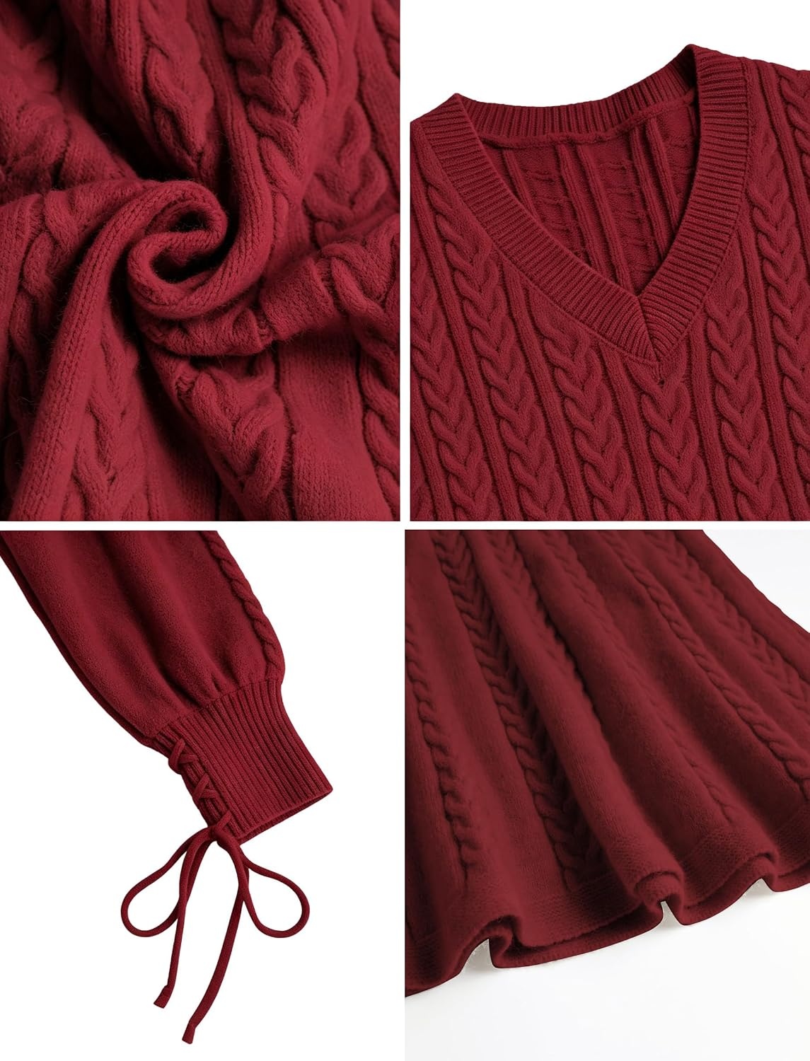 image:imageZAFUL Womens V Neck Cable Knit Sweater Dress Long Sleeves Mini Casual Dress0red