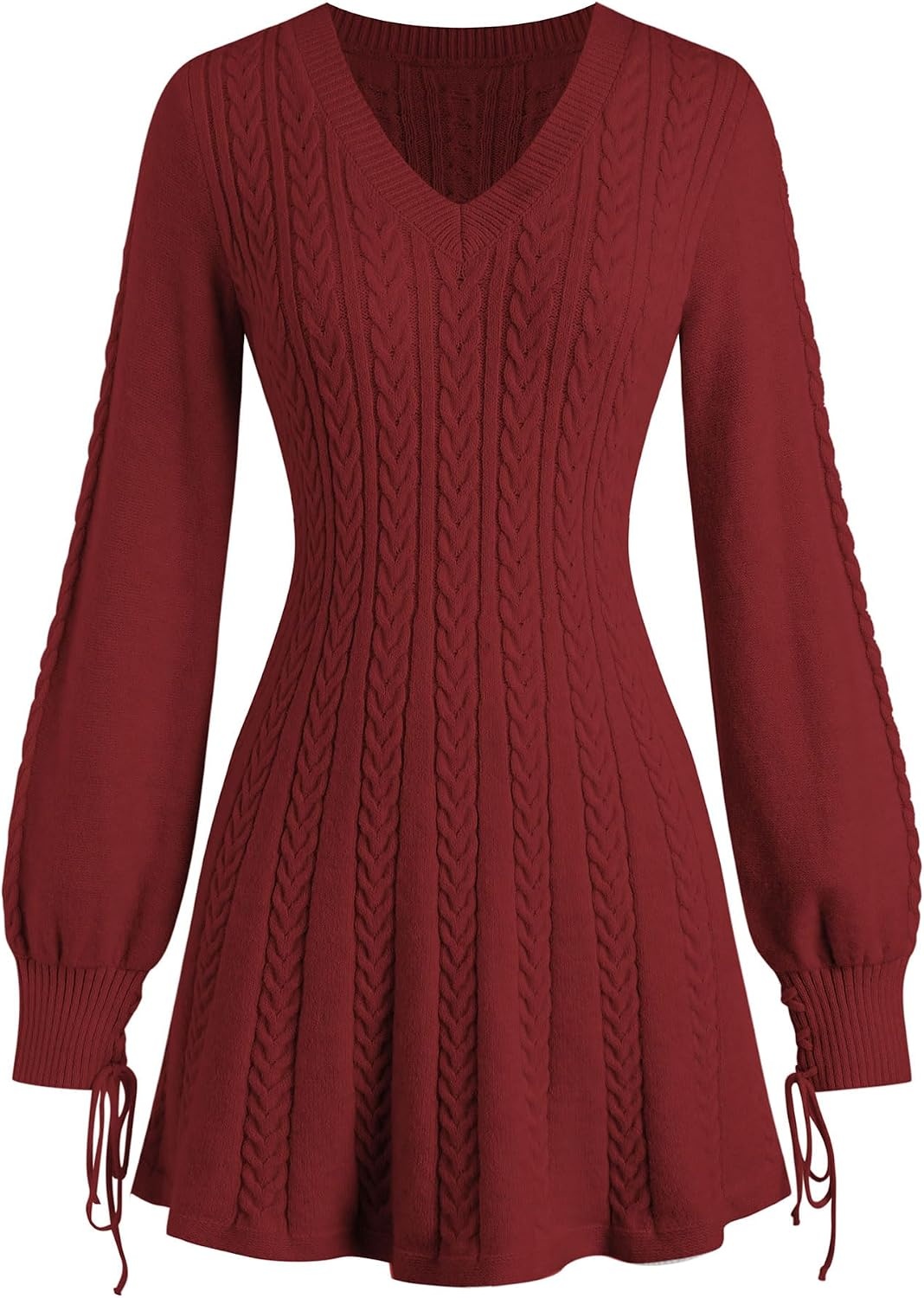 image:imageZAFUL Womens V Neck Cable Knit Sweater Dress Long Sleeves Mini Casual Dress0red