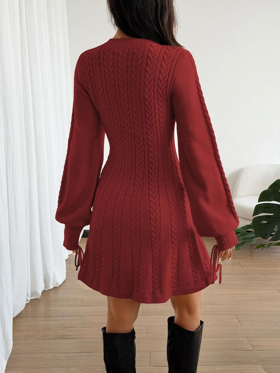 image:imageZAFUL Womens V Neck Cable Knit Sweater Dress Long Sleeves Mini Casual Dress0red