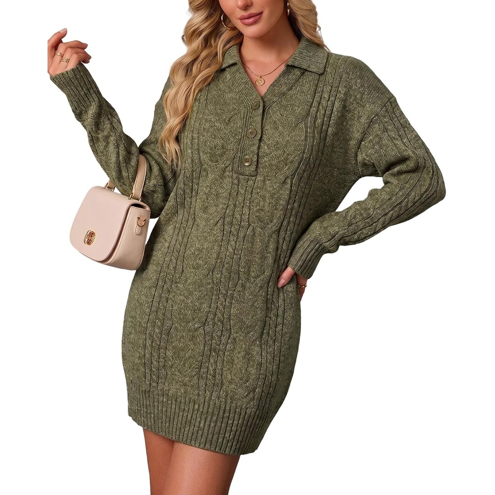 image:imageZAFUL Womens Cable Knit Sweater Dress Oversized Collared Button Mini DressArmy Green