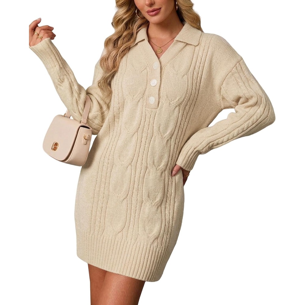 image:imageZAFUL Womens Cable Knit Sweater Dress Oversized Collared Button Mini DressBeige Apricot