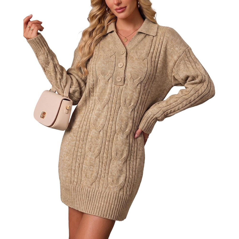 image:imageZAFUL Womens Cable Knit Sweater Dress Oversized Collared Button Mini DressKhaki