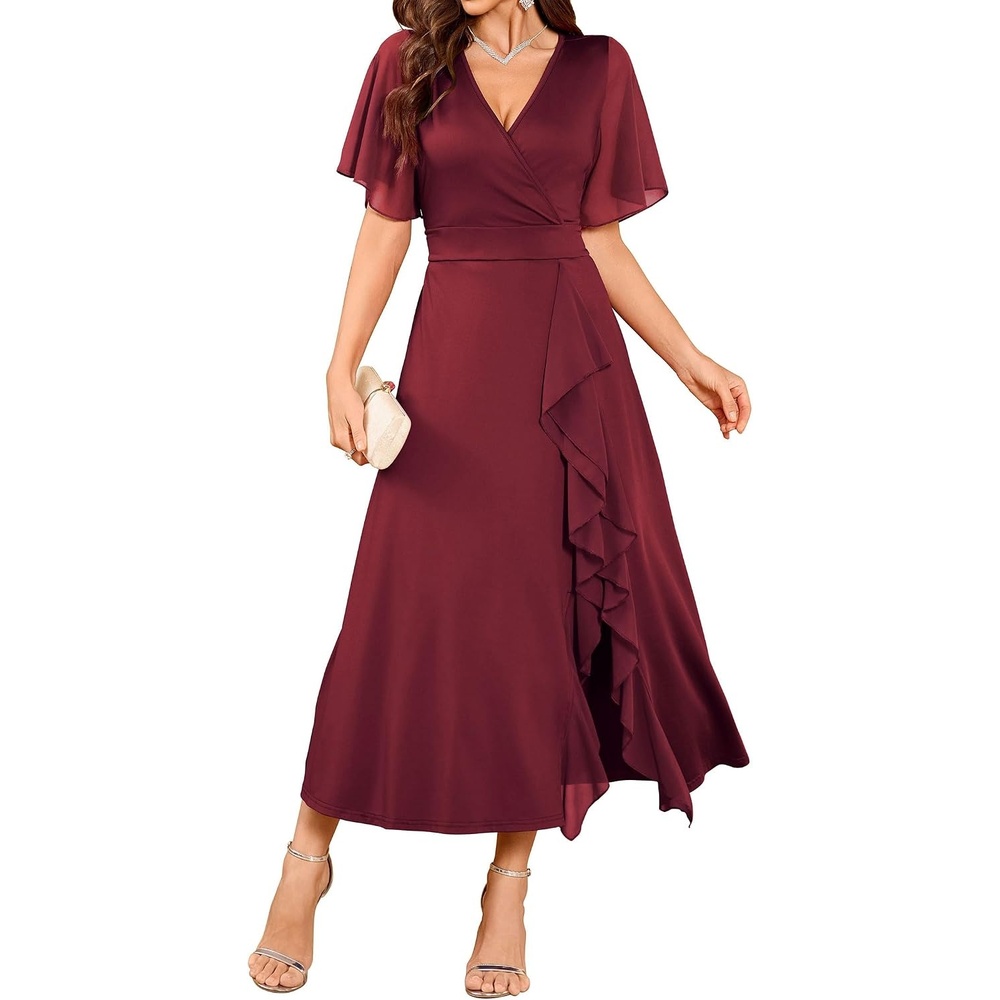 image:imageZAFUL Womens Semi Formal Wedding Guest Dress Aline Mother of Bride DressesBurgundy