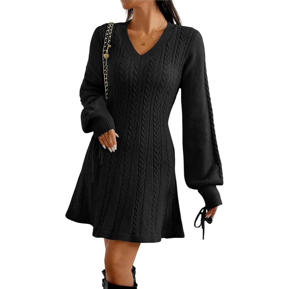 image:imageZAFUL Womens V Neck Cable Knit Sweater Dress Long Sleeves Mini Casual Dress0black