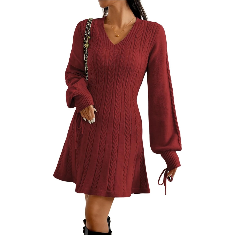 image:imageZAFUL Womens V Neck Cable Knit Sweater Dress Long Sleeves Mini Casual Dress0red