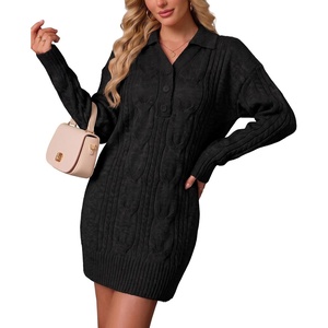 ZAFUL Womens Cable Knit Sweater Dress Oversized Collared Button Mini Dress(Black)