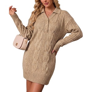 ZAFUL Womens Cable Knit Sweater Dress Oversized Collared Button Mini Dress(Khaki)