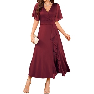 ZAFUL Womens Semi Formal Wedding Guest Dress A-line Mother of Bride Dresses(Burgundy)