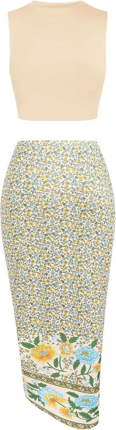 image:imageZAFUL 2 Piece Skirt Sets for Women Crop Top Ruched Maxi Skirt SuitingBfloral Beige