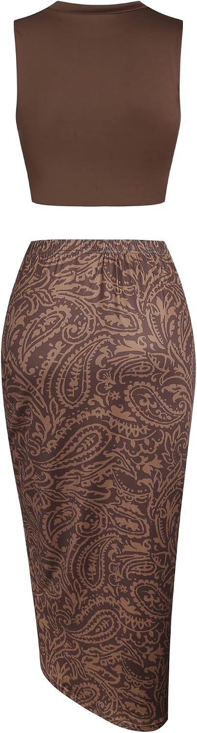 image:imageZAFUL 2 Piece Skirt Sets for Women Crop Top Ruched Maxi Skirt SuitingBfloral Brown
