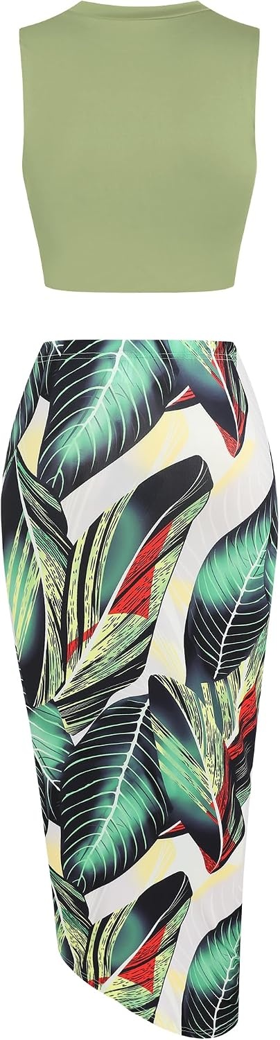 image:imageZAFUL 2 Piece Skirt Sets for Women Crop Top Ruched Maxi Skirt SuitingBfloral Green