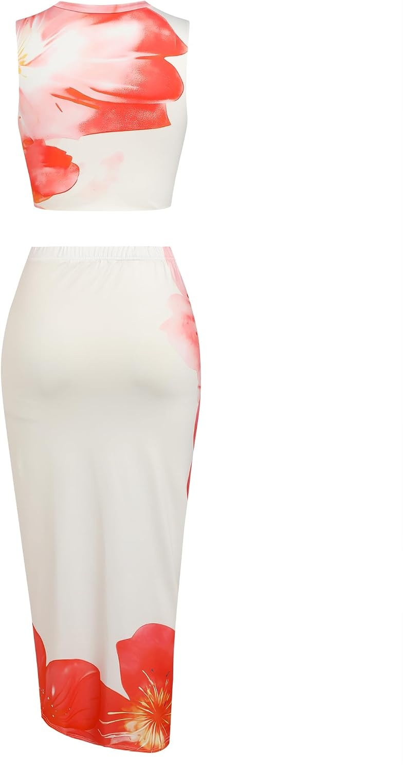 image:imageZAFUL 2 Piece Skirt Sets for Women Crop Top Ruched Maxi Skirt SuitingBfloral White
