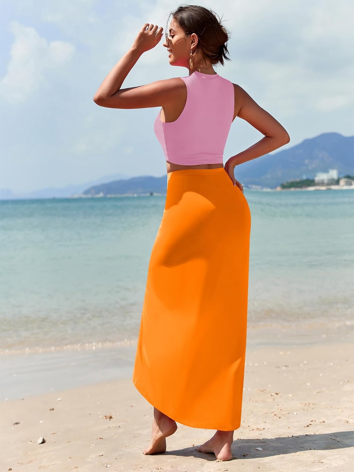 image:imageZAFUL 2 Piece Skirt Sets for Women Crop Top Ruched Maxi Skirt SuitingBpink Orange