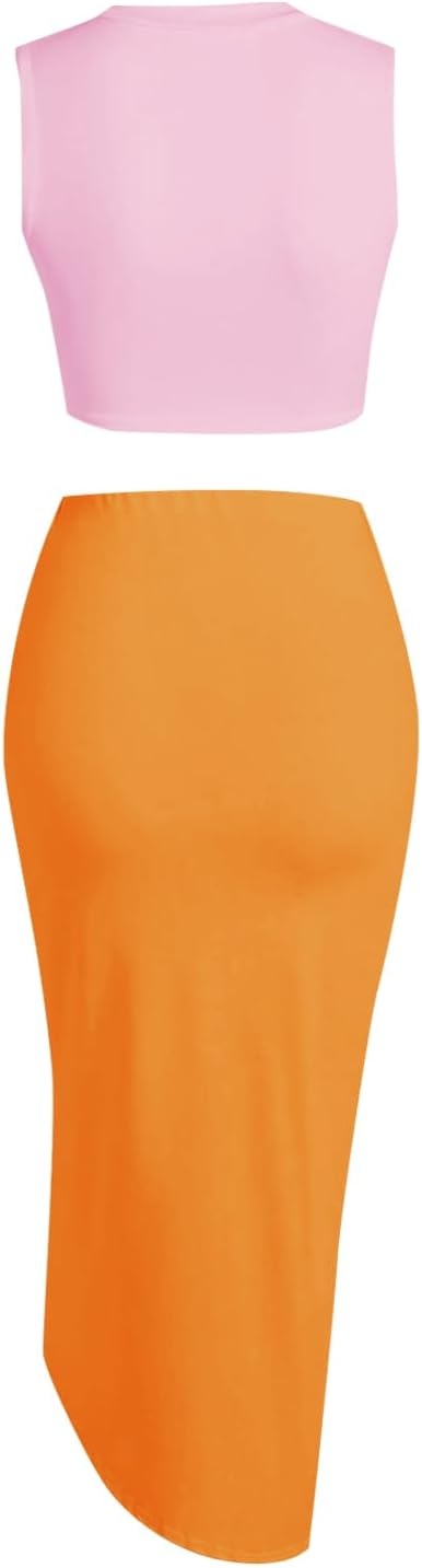 image:imageZAFUL 2 Piece Skirt Sets for Women Crop Top Ruched Maxi Skirt SuitingBpink Orange