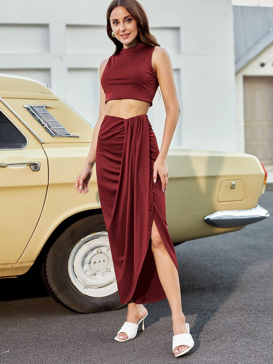 image:imageZAFUL 2 Piece Skirt Sets for Women Crop Top Ruched Maxi Skirt SuitingBwine Red