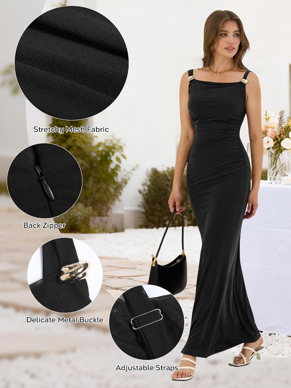 image:imageZAFUL Formal Dresses for Women Wedding Guest Cocktail Ruched Bodycon DressBlack
