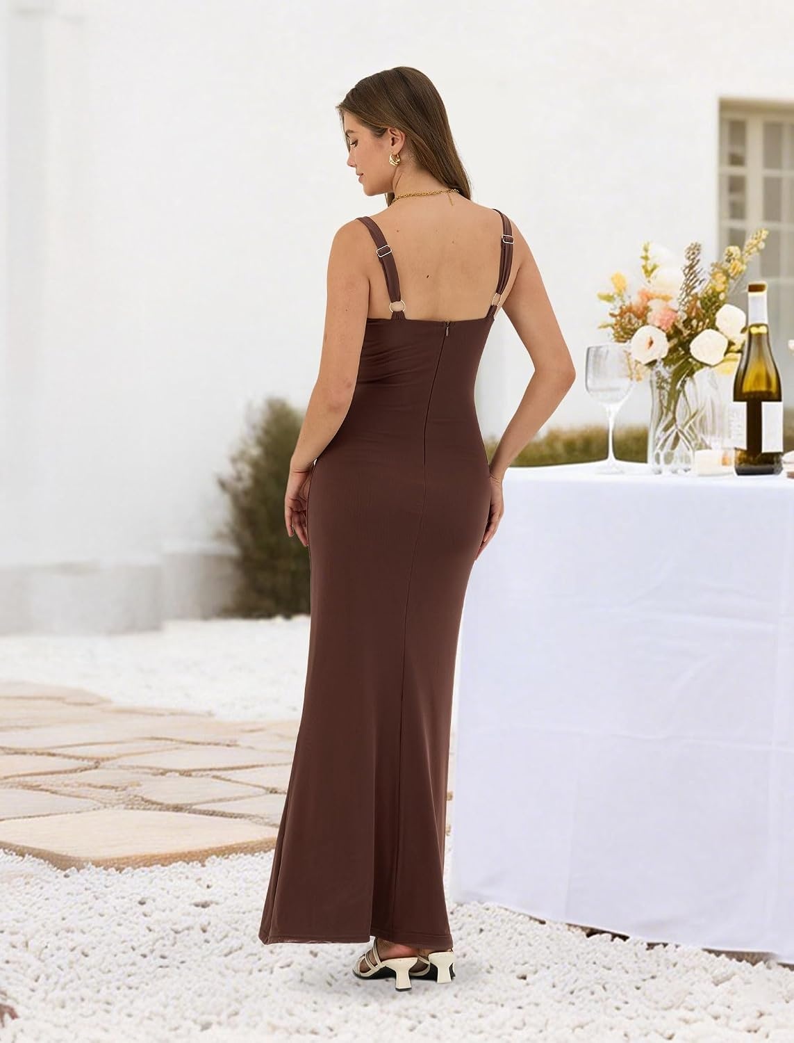 image:imageZAFUL Formal Dresses for Women Wedding Guest Cocktail Ruched Bodycon DressBrown