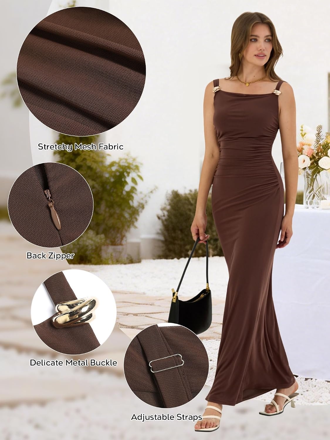 image:imageZAFUL Formal Dresses for Women Wedding Guest Cocktail Ruched Bodycon DressBrown