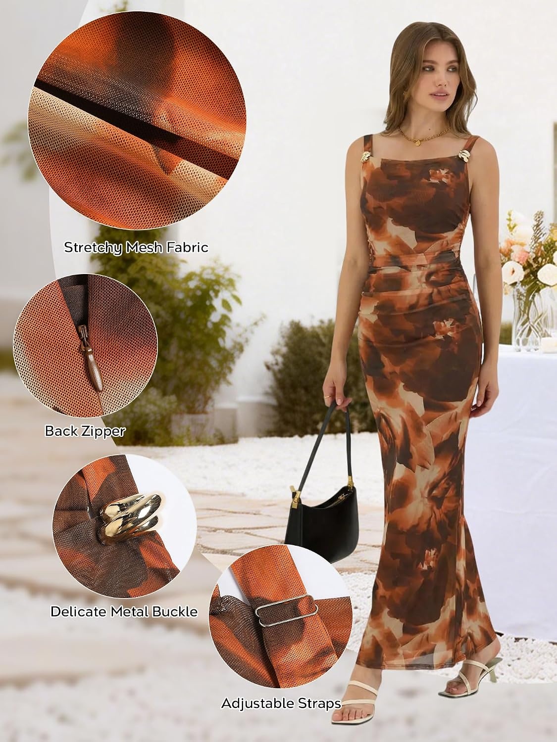 image:imageZAFUL Formal Dresses for Women Wedding Guest Cocktail Ruched Bodycon DressFloral Brown