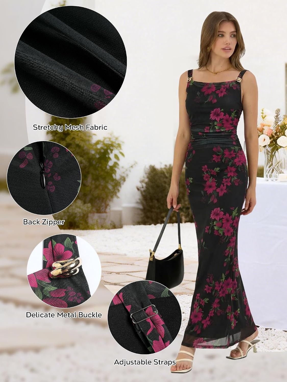 image:imageZAFUL Formal Dresses for Women Wedding Guest Cocktail Ruched Bodycon DressFloral Pink