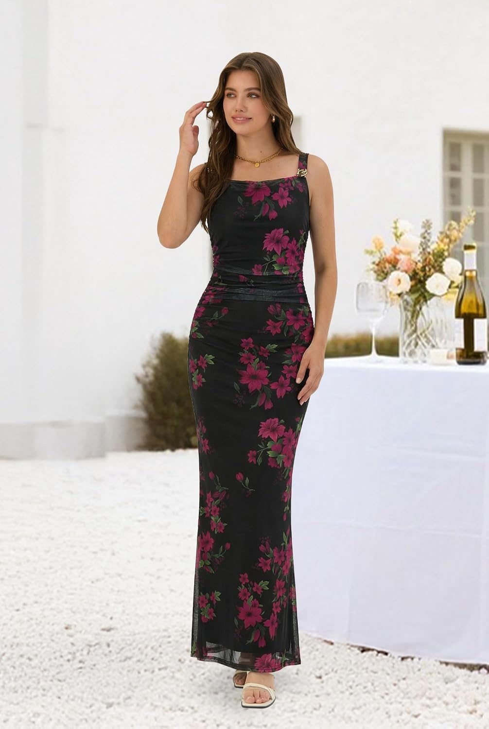 image:imageZAFUL Formal Dresses for Women Wedding Guest Cocktail Ruched Bodycon DressFloral Pink