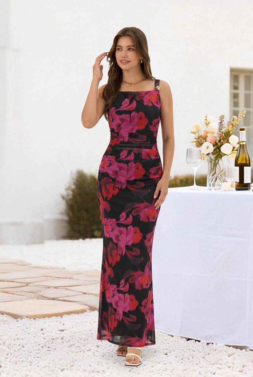 image:imageZAFUL Formal Dresses for Women Wedding Guest Cocktail Ruched Bodycon DressFloral Rose Red