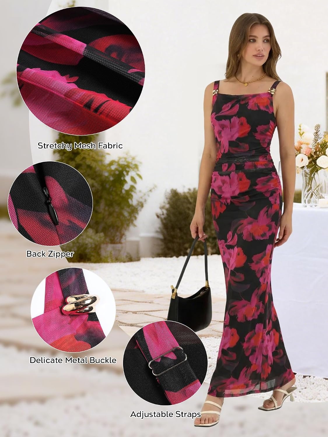 image:imageZAFUL Formal Dresses for Women Wedding Guest Cocktail Ruched Bodycon DressFloral Rose Red