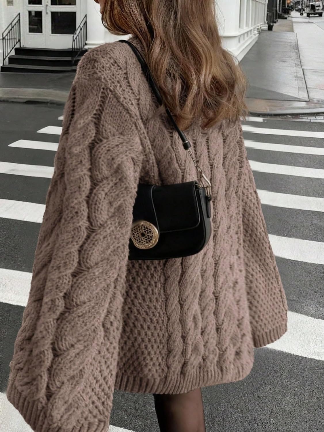 image:imageZAFUL Women Cable Knit Sweater Dress Oversized Long Sleeve Mini PulloveKhaik