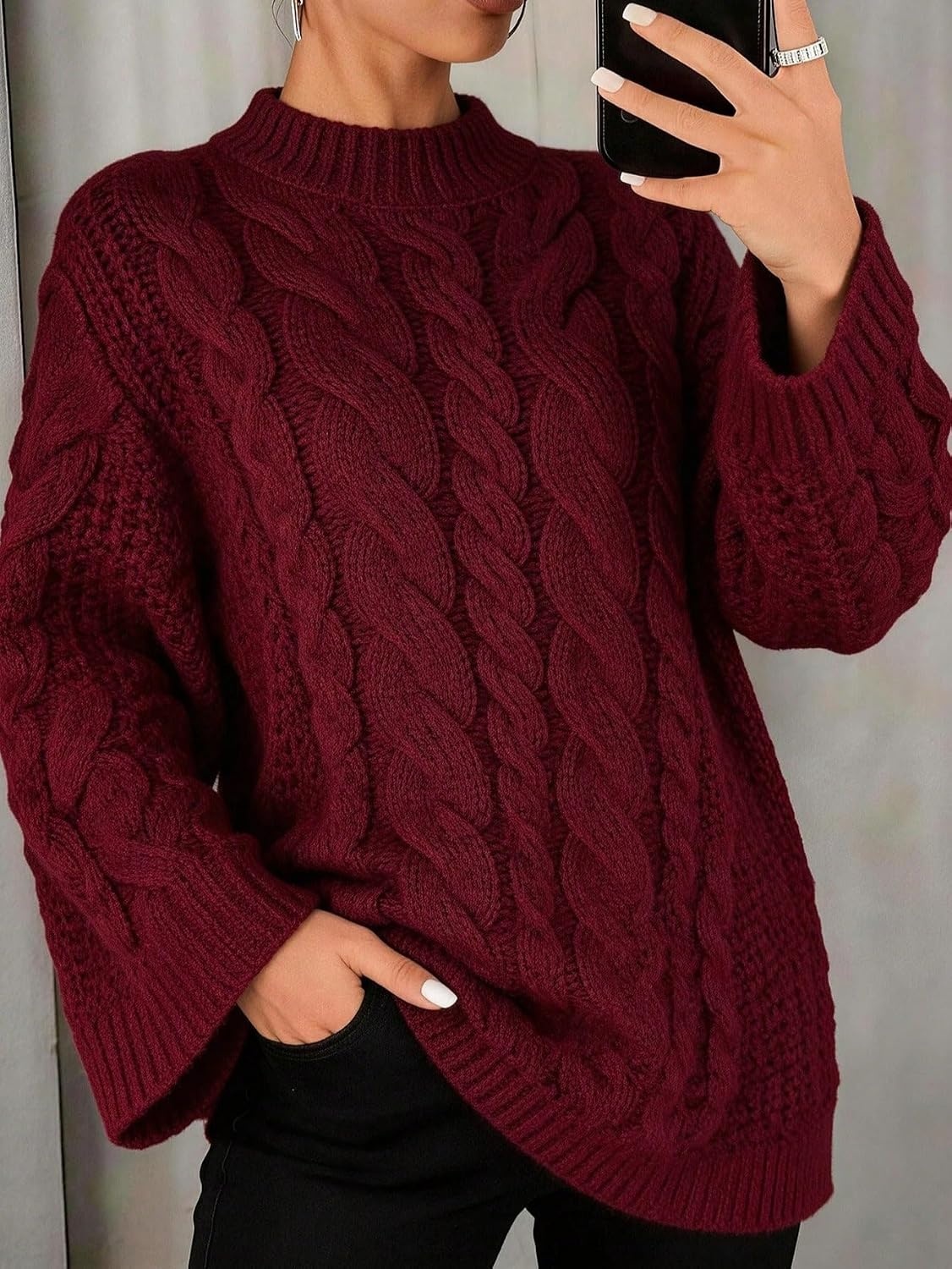 image:imageZAFUL Women Cable Knit Sweater Dress Oversized Long Sleeve Mini PulloveRed