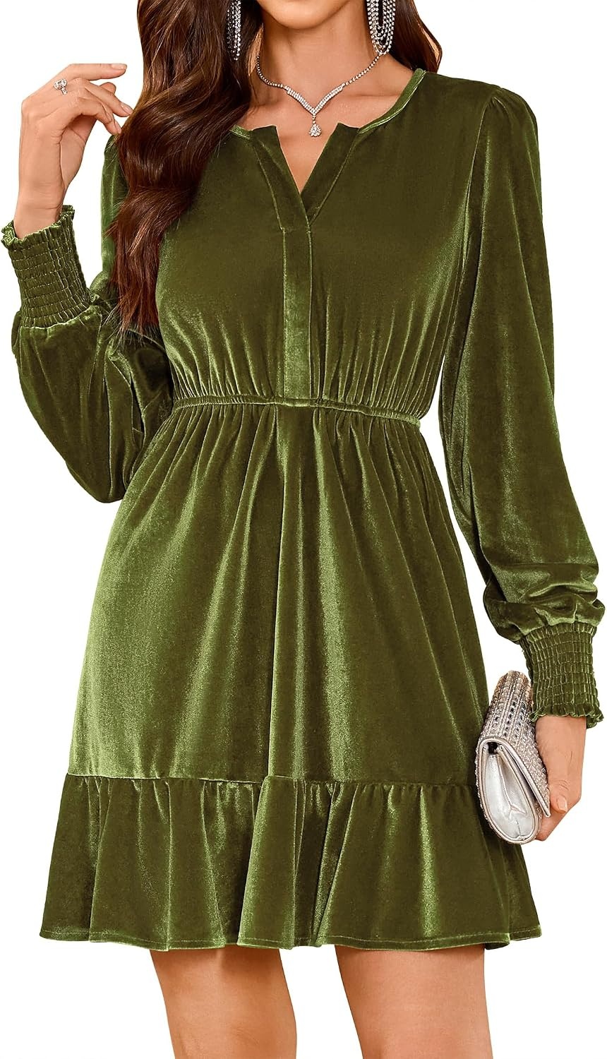 image:imageZAFUL Womens Velvet Dress V Neck Long Sleeve Cocktail Party DressesArmy Green