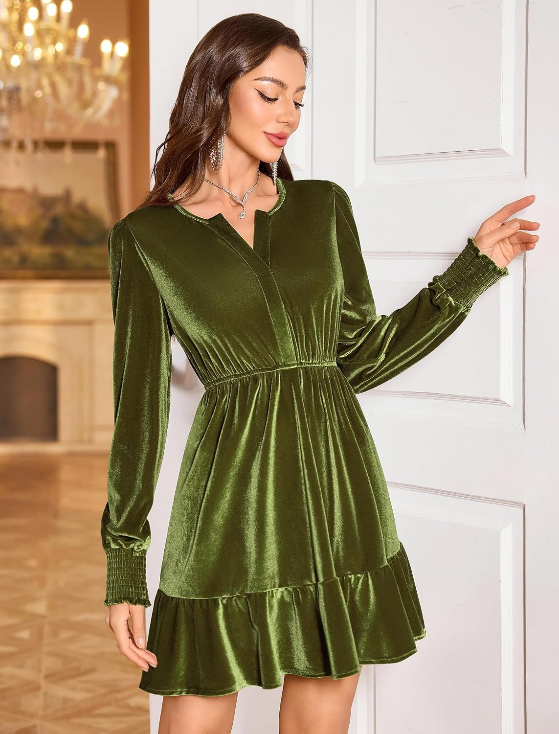 image:imageZAFUL Womens Velvet Dress V Neck Long Sleeve Cocktail Party DressesArmy Green